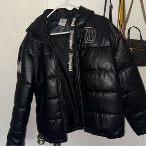 Disneyland Black Puffy Puffer Jacket Faux Leather